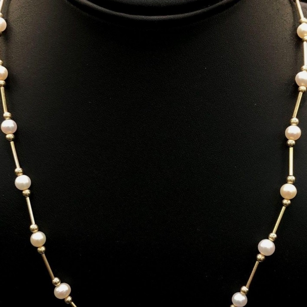 Vintage 14K Gold & Cultured Pearl Station Necklace 19- Timeless Elegance